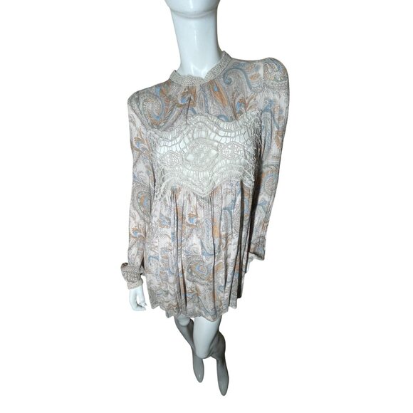 Free People M Lace & Paisley Long Sleeve Mini Dress Boho Summer Festival Medium - Picture 11 of 15